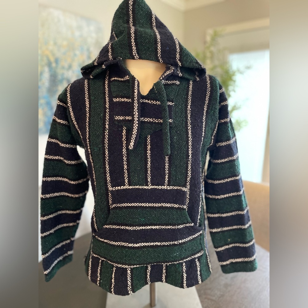 Oland Outdoors Men's Medium Green and Blue Striped Mexican Baja Hoodie